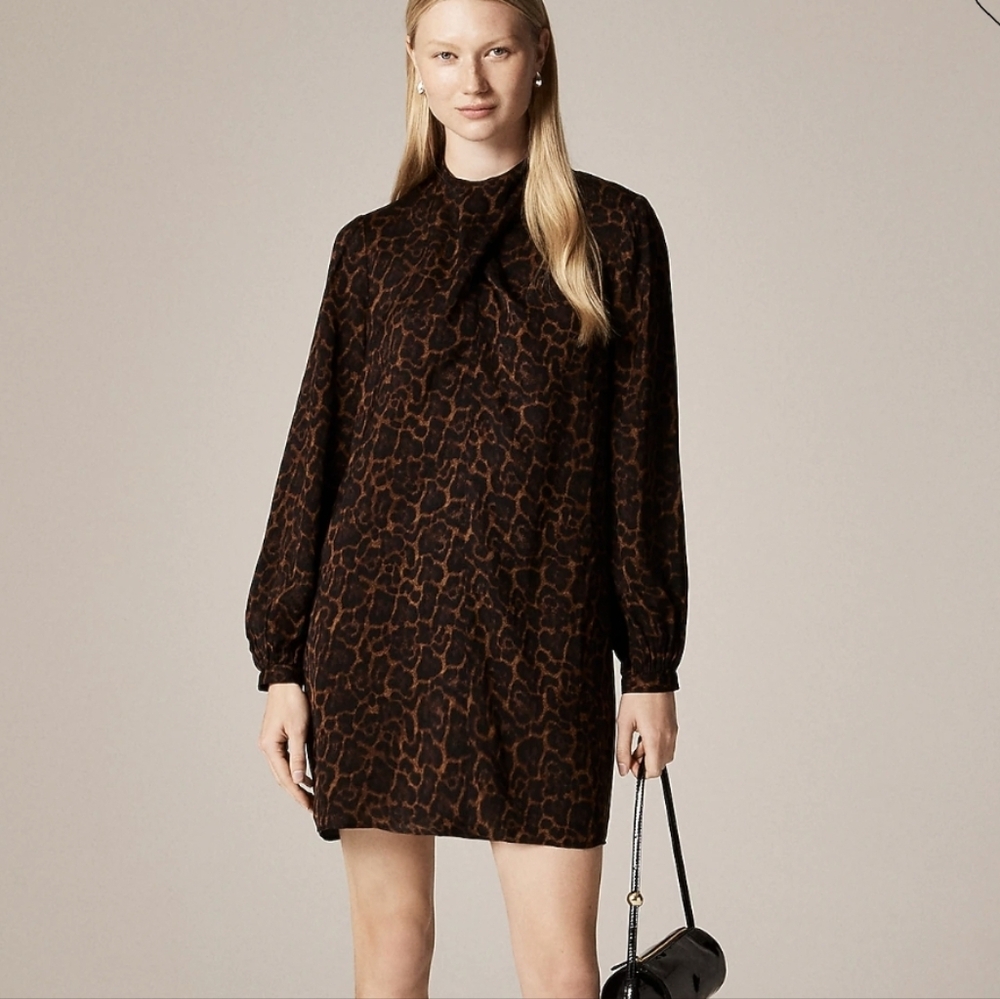 J. Crew Brown and Black Leopard-Print Scarf -neck Shift Dress Sz.L NWT